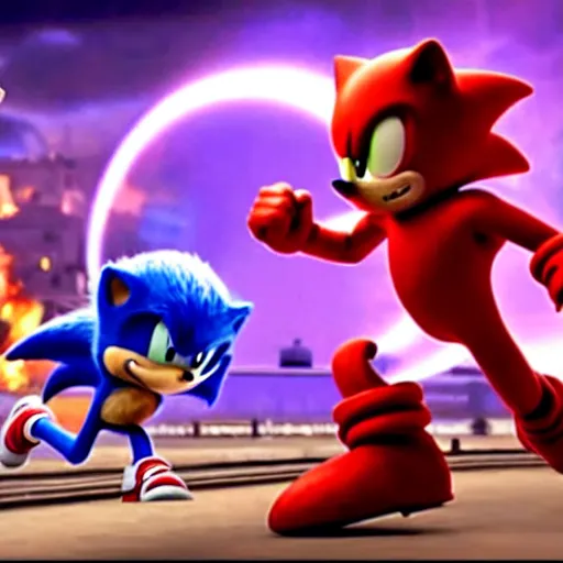 Image similar to The famous scene in the Avengers when Sonic the Hedgehog finally arrived to the fight and beat Thanos, movie sonic, extremely detailed with lots of background explosions and effects, grinning, wearing red gloves, 4k, 8k, HDR, purple lighting that highlights Sonic's fur