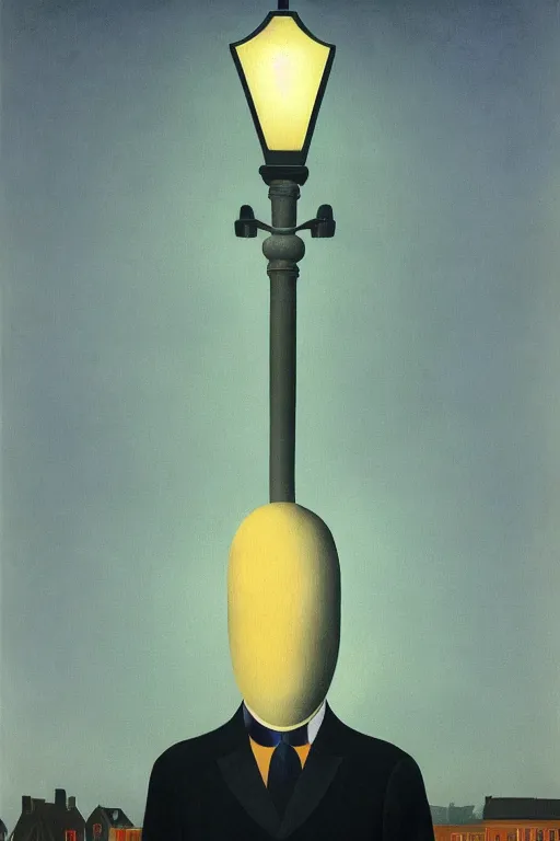 Image similar to a ghost under a streetlight at night by rene magritte, detailed painting, hd, hq, high resolution, high detail, 4 k, 8 k