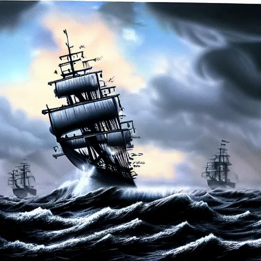 Image similar to a highly detailed hyperrealistic scene of a ship being attacked by giant squid tentacles, jellyfish, squid attack, dark, voluminous clouds, thunder, stormy seas, pirate ship, dark, high contrast