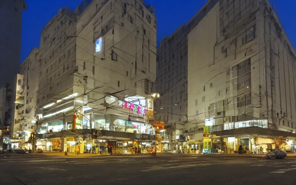 Prompt: shinkaisei style, the hotel building across the street at night.