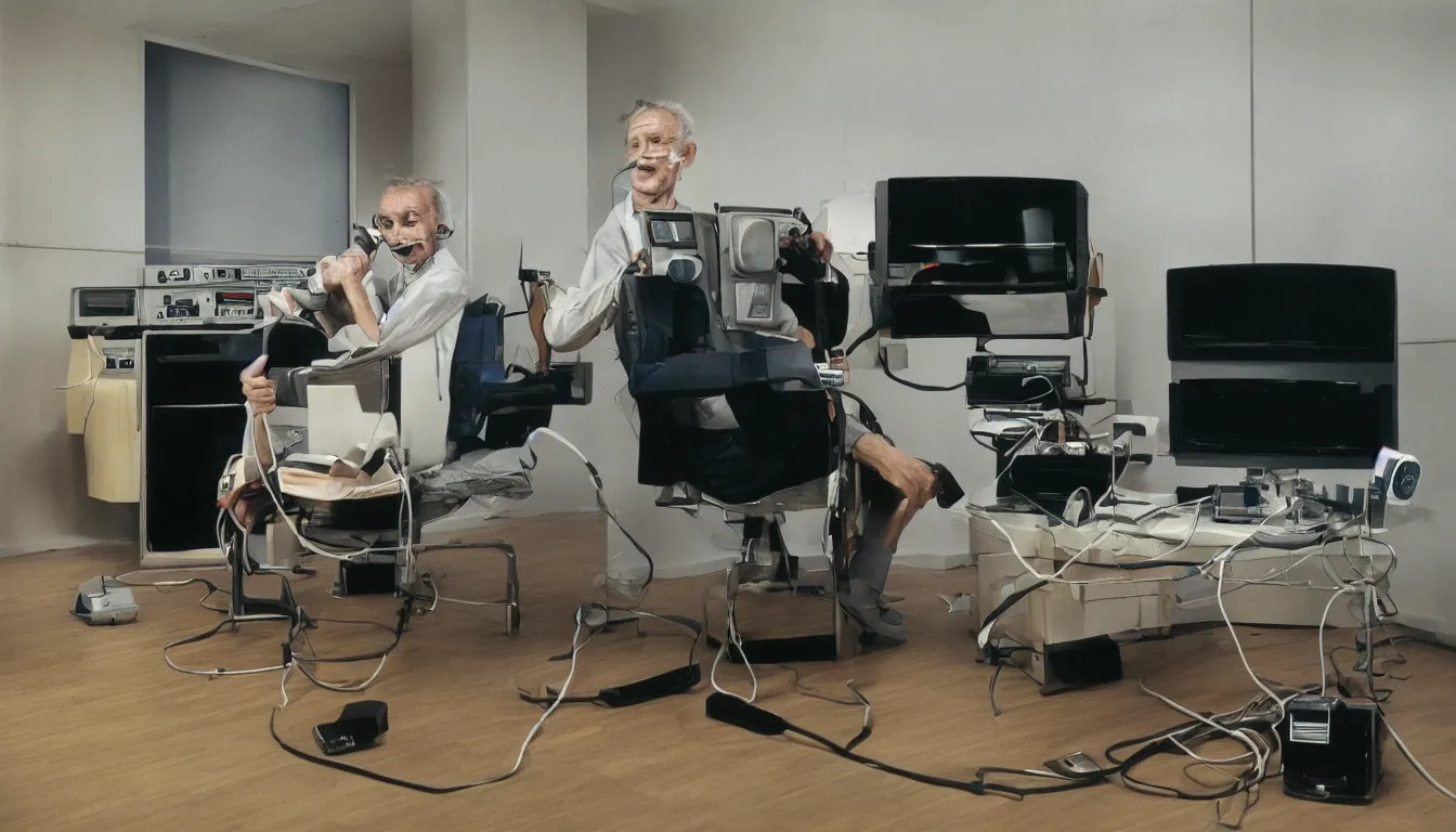 Image similar to In an call centre office, A skinny old Man with a old television strapped to his back ,flexible industrial pipes join his ears and mouth to the television, fibres trial on the floor , full colour ,4k ,Kodak portra 400