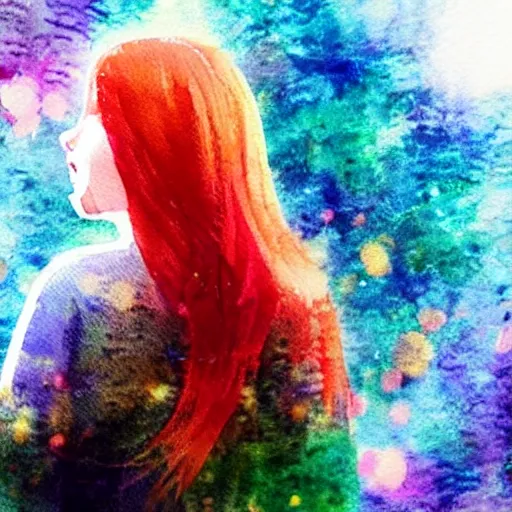 Prompt: “very beautiful watercolor painting of redhead girl singing in a magic forest in a cyberpunk pixelsorting style”