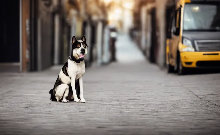 Prompt: studio photography of a sad dog sitting alone on a street, detailed face, 8 k