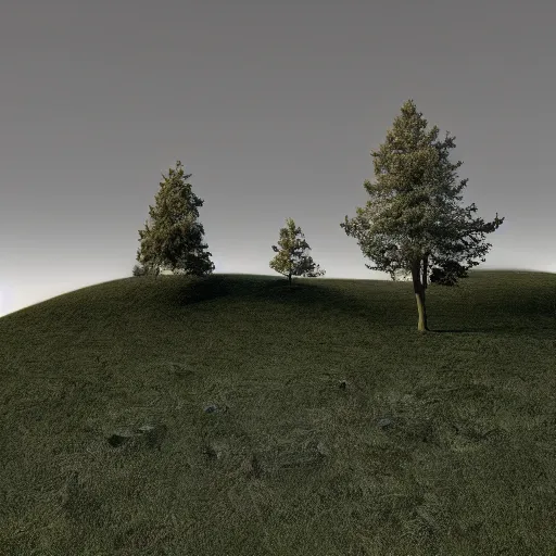 Image similar to trees on the hill with no shadows, without shadows, 3 d render, weird, dreamcore, dream fever, detailed