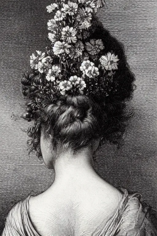 Image similar to extreme close-up, portrait of a beautiful french woman from behind with flower in the head, Gustave Dore lithography