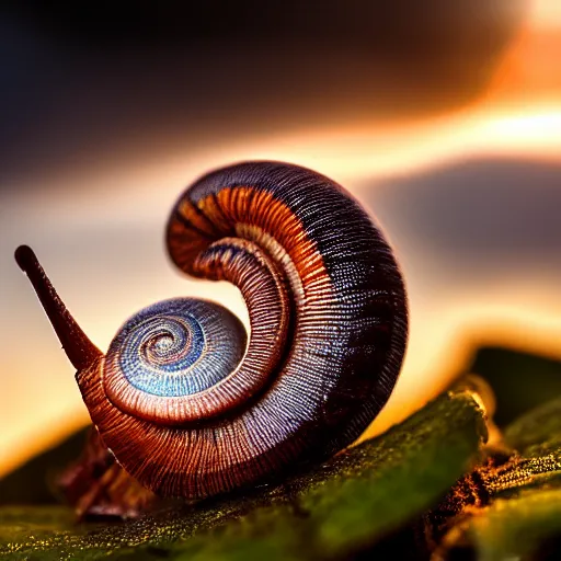 Prompt: closeup photo of a snail at sunset, backlighted, professional photo, nikon d 7 2 0 0, f / 1. 8