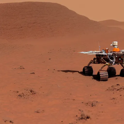 Image similar to pioneer robot un mars exploring a giant orange mountain during a sandstorm,