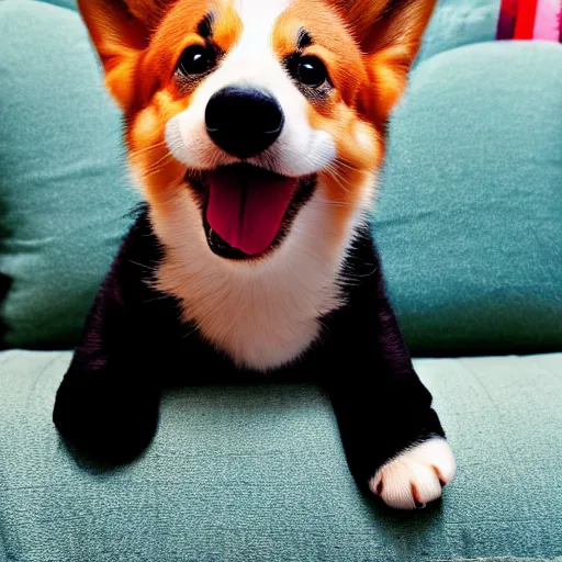 Prompt: 8k highly detailed photograph of the most adorable Corgi Puppy wearing a cute rainbow bowler hat, posing on my couch, golden hour,