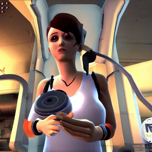 Prompt: chell from portal eating a slice of cake valve portal 2 screenshot