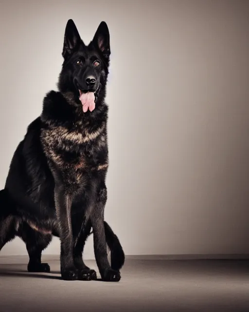 Prompt: An extremely dynamic studio photo of a black German Shepherd dog, bokeh, 90mm, f/1.4