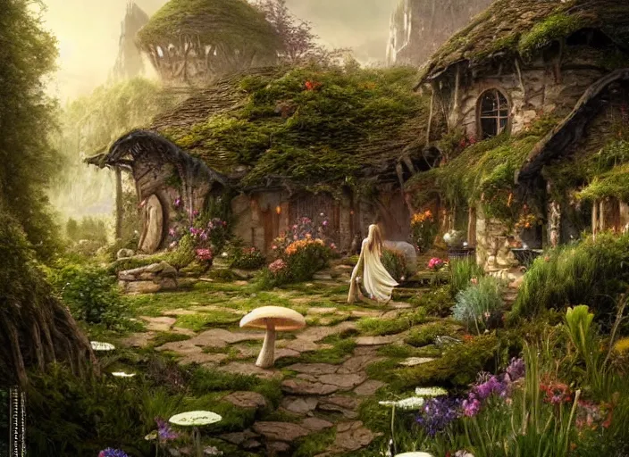 Image similar to winged female elves in the shire scenery landscape, lord of the rings, mushroom house, flowers, highly detailed, perfect lighting, perfect composition, 8 k, artgerm, derek zabrocki, greg rutkowski