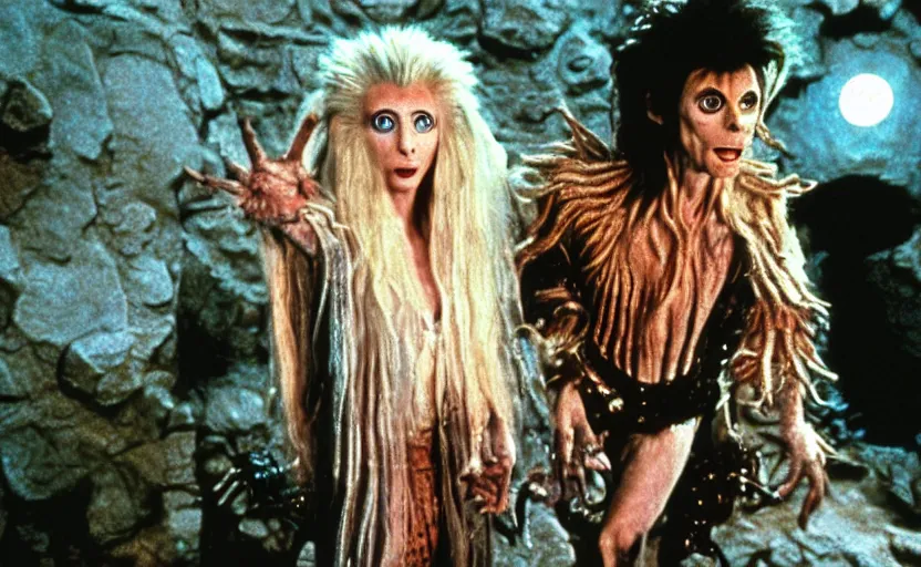 Prompt: movie still from the 1 9 8 8 sequel to labyrinth by jim henson's creature shop starring david bowie as goblin king and young jennifer connelly as sarah in a maze - like steampunk fortress on the moon. realistic practical - effects wondrous creatures and humanoid aliens. fantasy adventure.