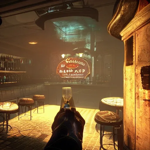 Image similar to In the world of rapture from the world of bioshock you are in a bar, there is a window that lets you see the whole city underwater and you are drinking a rum and coke