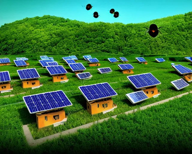 Image similar to connected ecovillage houses with solarroofs, very big bees flying around - plant goddess high quality photo, microchip, artificial intelligence, bio - mechanical bio - luminescence, black wired cables, neurons, nerve cells, cinematic, rim light, photo - realistic, elegant, high detail, 8 k, masterpiece, high fashion, in the style of man ray