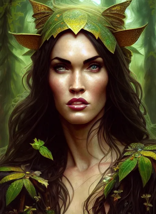 Image similar to portrait of megan fox as fairy, elves, irish, once upon a time, intricate, headshot, highly detailed, digital painting, artstation, concept art, sharp focus, cinematic lighting, illustration, art by artgerm and greg rutkowski, alphonse mucha, cgsociety