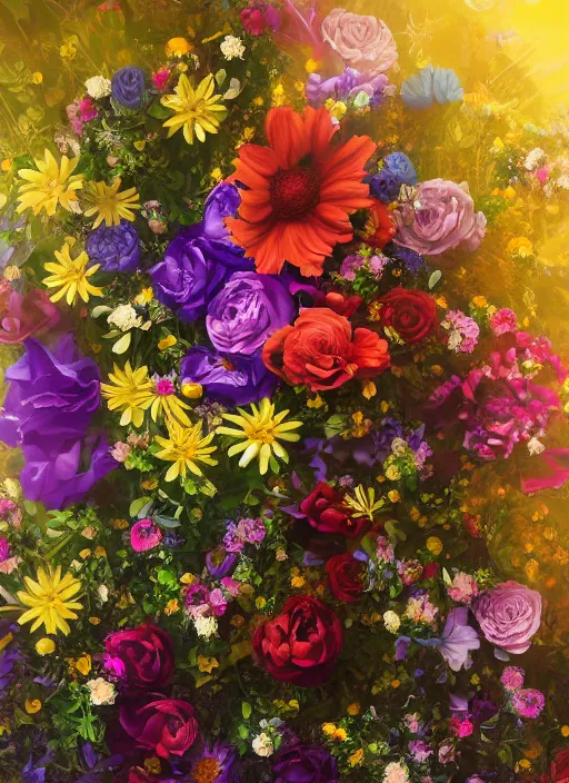 Image similar to An epic fantastic realism comic book style painting of the most beautiful flowers launched into space, bouquets, fisheye lens, unreal 5, DAZ, hyperrealistic, octane render, dynamic lighting