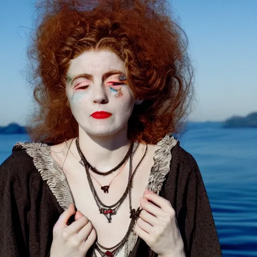 Image similar to a woman looking sick and curled up in a ball on the deck of a ship, a beautiful english woman with a long face narrow nose pale skin blue eyes red lips and wild messy tangles of curly white blonde hair, high resolution film still wearing a black robe and skull necklace and holding a spear, sandy, a journey to the west