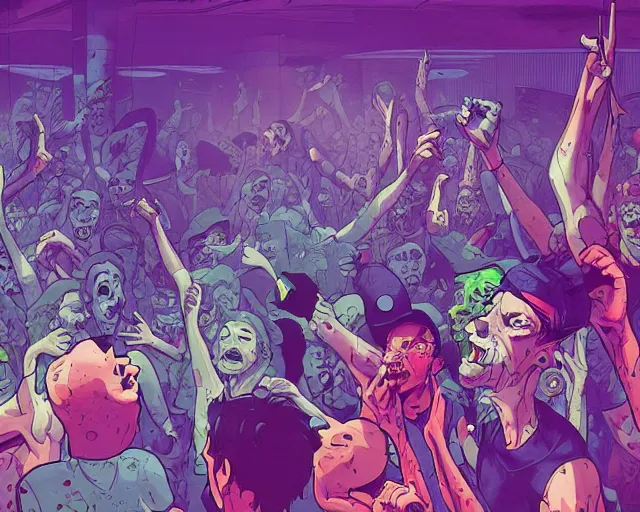 Image similar to a study of cell shaded cartoon of zombies raving in a nightclub, illustration, wide shot, subtle colors, post grunge, concept art by josan gonzales and wlop, by james jean, Victo ngai, David Rubín, Mike Mignola, Laurie Greasley, highly detailed, sharp focus, alien, Trending on Artstation, HQ, deviantart, art by artgem