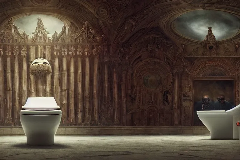 Image similar to hyperrealism aesthetic ridley scott and denis villeneuve style photography of a detailed giant, siting on a detailed ultra huge toilet in surreal scene from detailed art house movie in style of alejandro jodorowsky and wes anderson