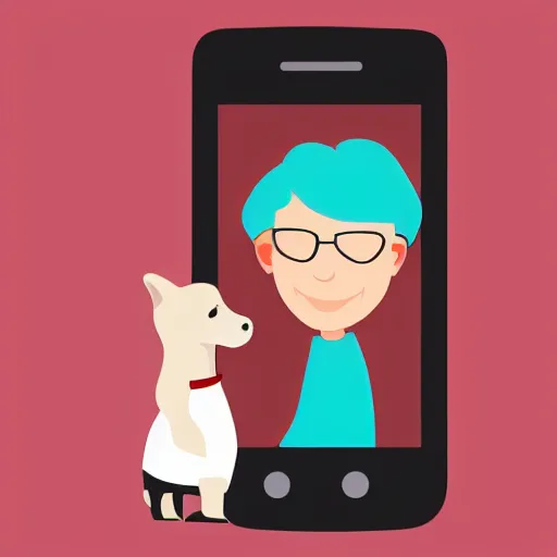 Image similar to a flat design illustration of a grandma with a dog. the grandma using a smart phone. the illustration using only solid colors, the colors are red, gray and white.