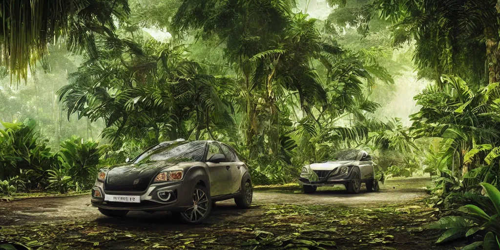 Image similar to Amazonian jungle with tropical plants and leaves falling from tree and a Cupra car placed in the center of the frame , unreal 5, hyperrealistic, realistic, photorealistic, dynamic lighting, highly detailed, cinematic landscape, studio landscape, studio lighting