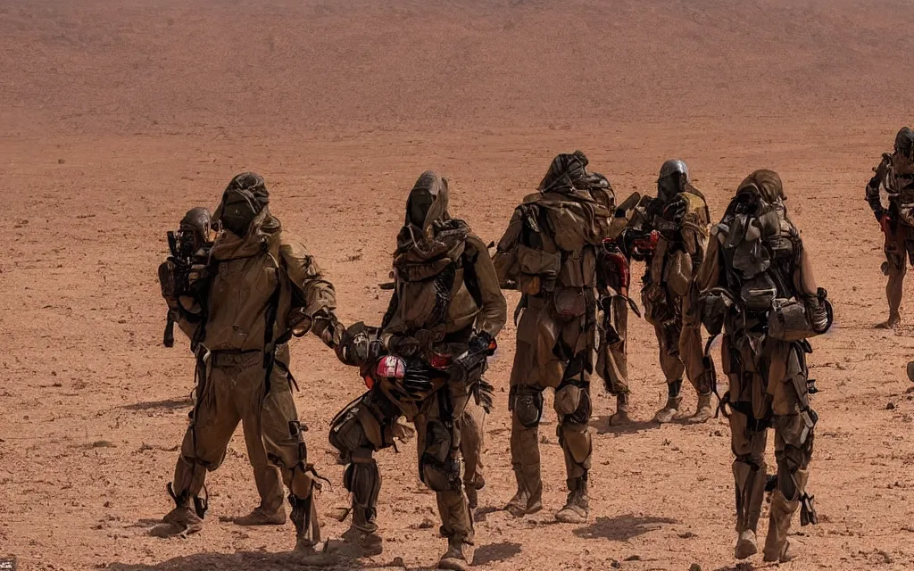 Prompt: in hot red desert a group of five people in dark green tactical gear like death stranding and masks in a sandy desert with distant red mesas behind them. They look afraid. dusty, red, mid day, heat shimmering.