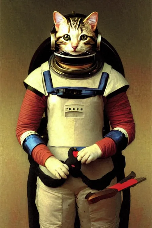 Image similar to portrait of a cat astronaut with japanese armor and helmet, majestic, solemn, by bouguereau