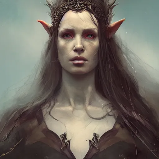 Image similar to hyper realistic photograph portrait of elven scavenger sorceress, cinematic, artstation, cgsociety, greg rutkowski, james gurney, mignola, craig mullins, brom