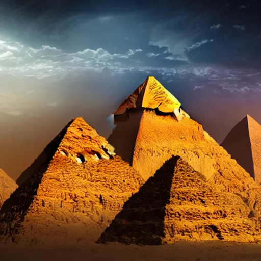 Prompt: giant, massive aliens building the pyramids, hyper detailed, desert, dramatic lighting,