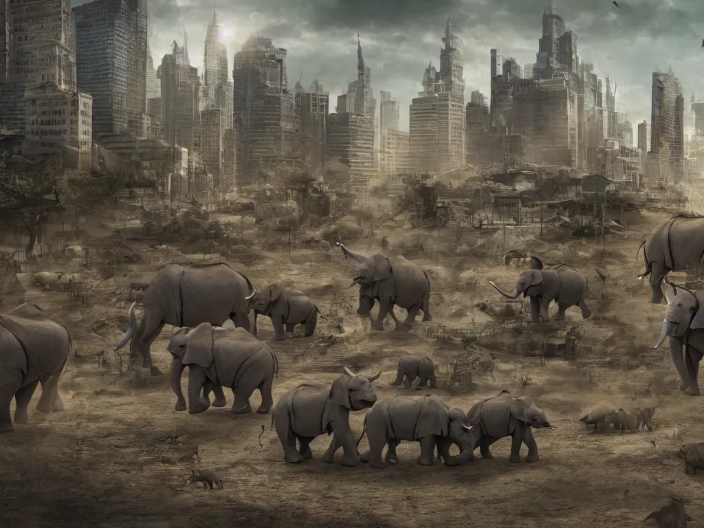 Image similar to apocalyptic city with baby elephants and baby rhino, photorealistic render