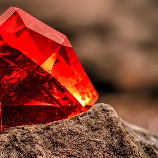 Prompt: a deep red, glowing, stick - shaped crystal on a rock, film grain