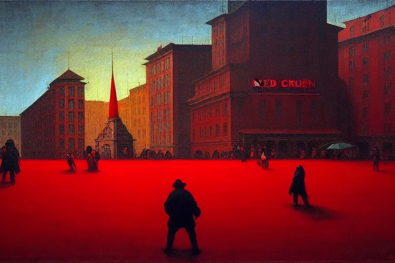 Image similar to only with red, crowd cheering a lot, an exposed picture in a city square, in the style of beksinski, parts by edward hopper, parts by rodcenko, parts by yue minjun, intricate and epic composition, red by caravaggio, insanely quality, highly detailed, masterpiece, red light, artstation, 4 k