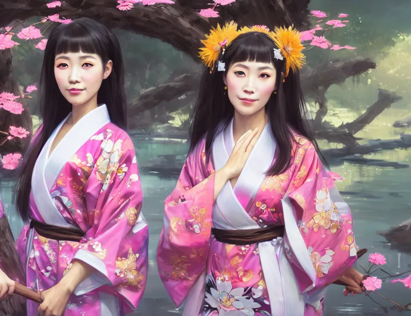 Image similar to two beautiful fashion taiwan girls wear fantasy yukata in festival | | big eyes, sunny, dreamlike art, realistic shaded, smile, good looking, fine details, 4 k realistic, cryengine, realistic shaded lighting poster by greg rutkowski, magali villeneuve, artgerm, jeremy lipkin and michael garmash and rob rey