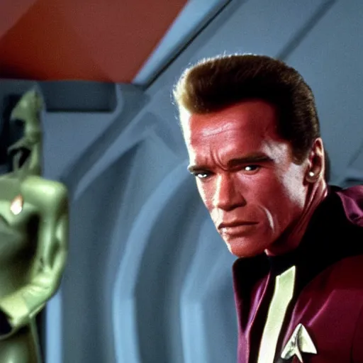 Image similar to arnold schwarzenegger in star trek the next generation, 4 k hd still