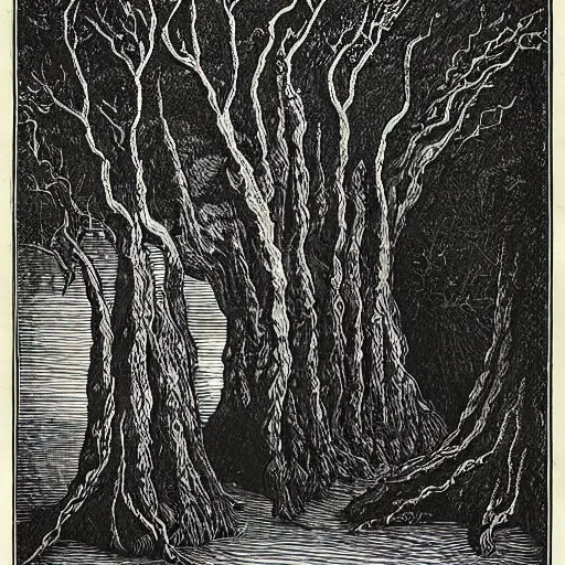 Image similar to An evil bog, full of trees with faces. Gustave Dore. Woodcut. Black and White.