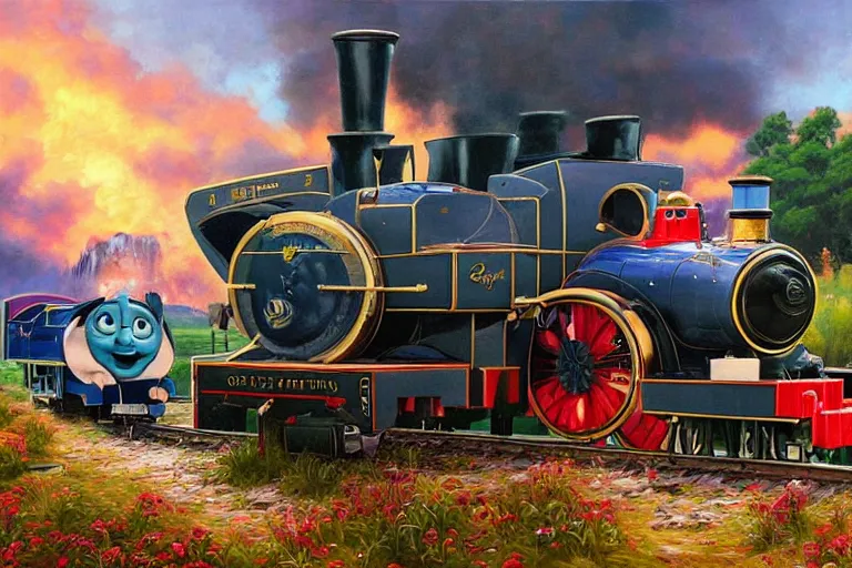 Image similar to elton john playing a piano on top of thomas the tank engine, an oil painting by ross tran and thomas kincade