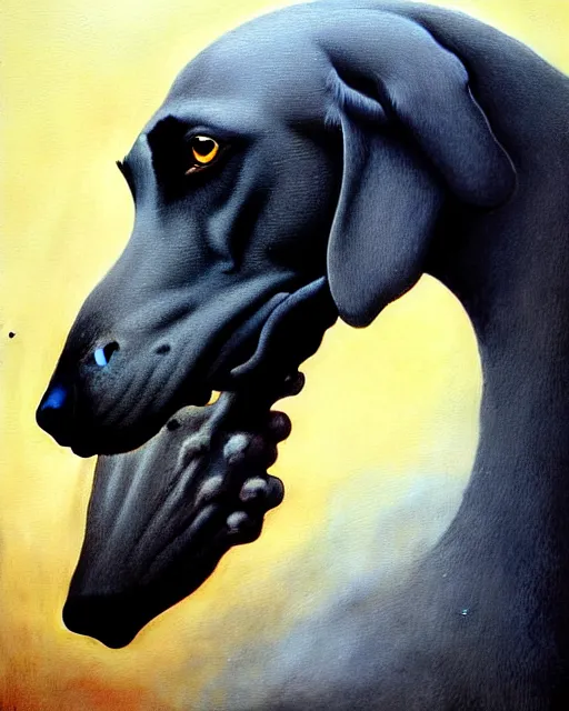 Image similar to painting of hybrid between black weimaraner & horse! & intercrossed animal, by zdzislaw beksinski, by mattias adolfsson, by tiffany bozic, cold hue's, warm tone gradient background, concept art, single object scene, beautiful composition, digital painting