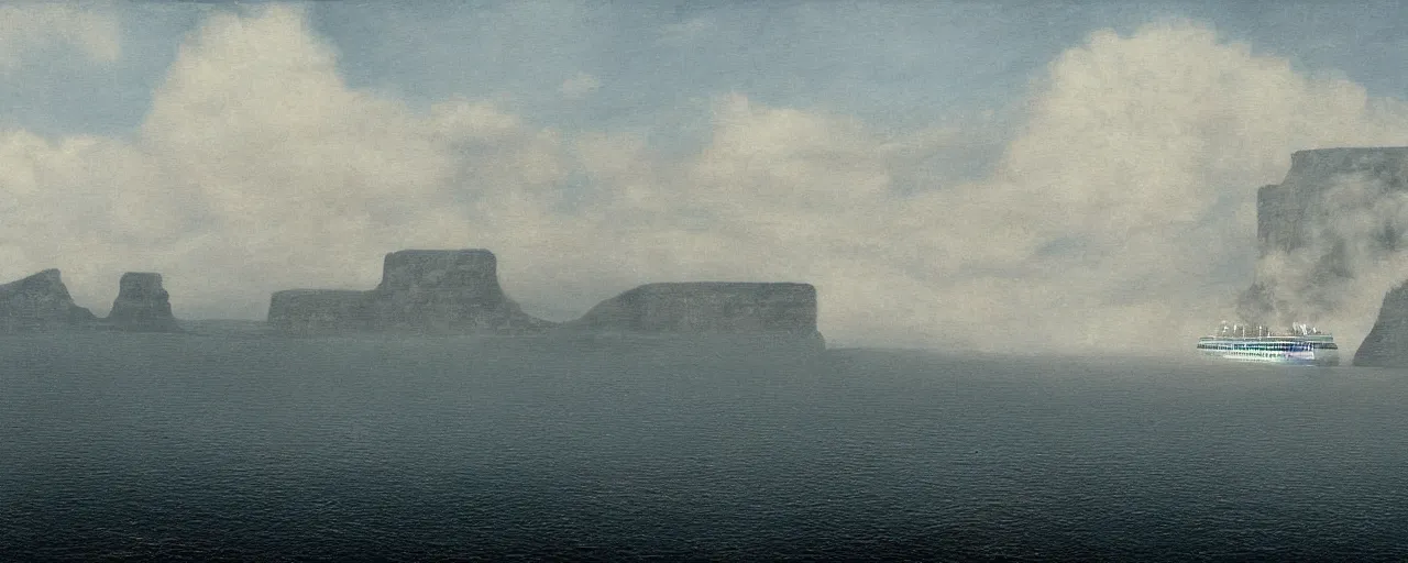 Prompt: cruise ship colossus near misty black cliffs over steamy water by Fernand Khnopff, matte painting