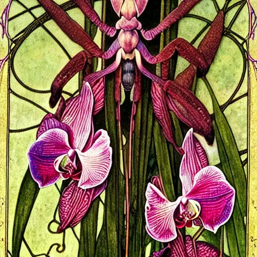 Image similar to potrait of an orchid mantis by William Morris and Carlos Schwabe, horizontal symmetry, exquisite fine details, Art Nouveau botanicals, deep rich moody colors