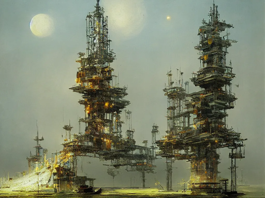 Prompt: an futuristic oil platform by carl spitzweg
