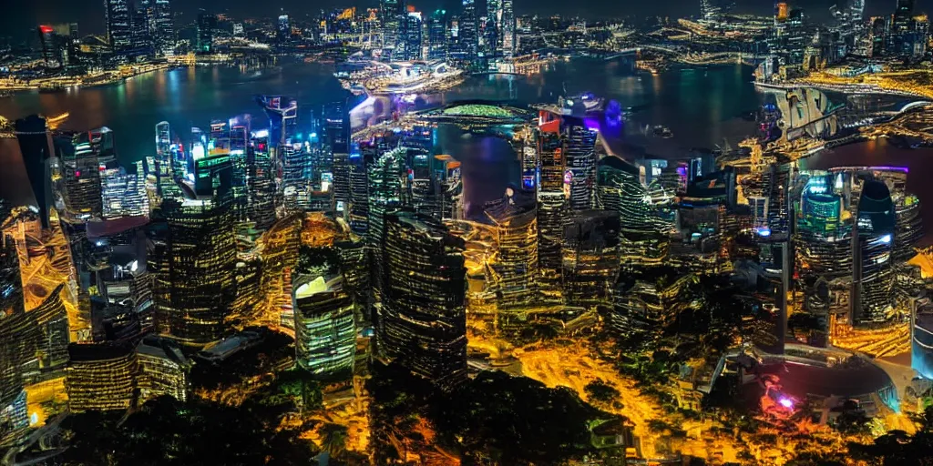 Prompt: futuristic singapour view at night from a plane, hdr