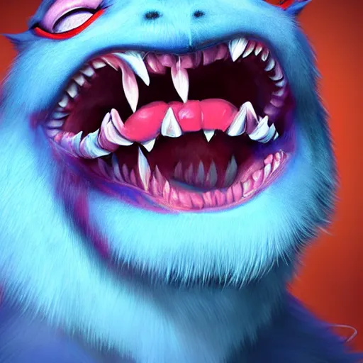 Image similar to a blue furry creature with large red lips, sharp teeth, 4 k photorealistic quality, trending on cgsociety, horror art, eerie art style