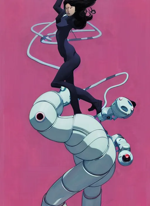 Image similar to Artwork by James Jean and Phil noto; a fierce young Japanese lady fighting a gigantic pink robot. art work by Phil noto and James Jean