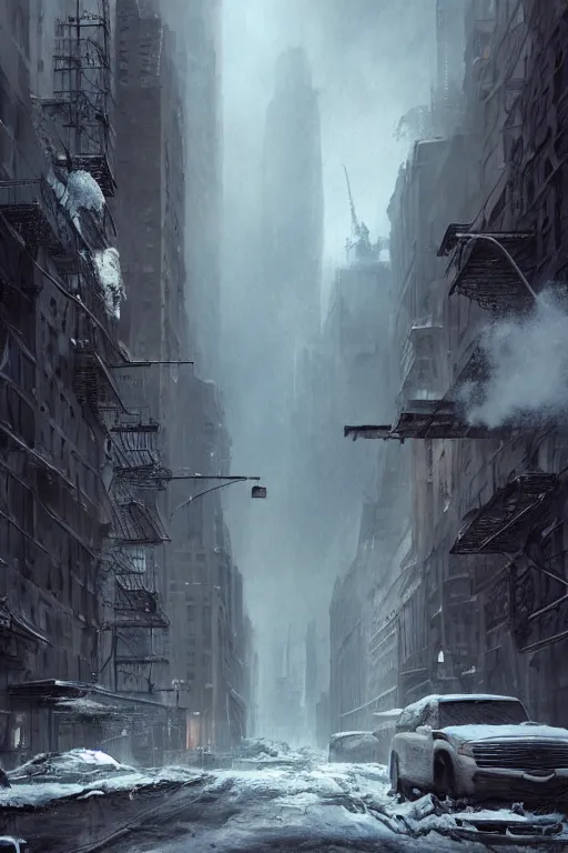 Image similar to Street in post apocalyptic Manhattan new york after a Blizzard, snow Storm, dramatic lighting, cinematic, establishing shot, extremly high detail, photo realistic, cinematic lighting, post processed, concept art, artstation, matte painting, style by eddie mendoza, raphael lacoste, alex ross