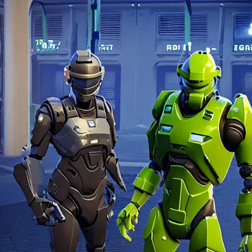 Image similar to Master Chief and Robocop sharing a pizza, a screenshot from Fortnite