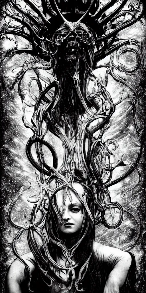 Prompt: intense glowing pagan black metal god with horns and tentacles and intense glowing eyes and a bloody skull in very dark cosmic space by h r giger and alphonse mucha and karol bak, portrait, fantasy, clear, light beams, lens flare, intense, uhd, amazing depth, cinematic lighting, red and black and white