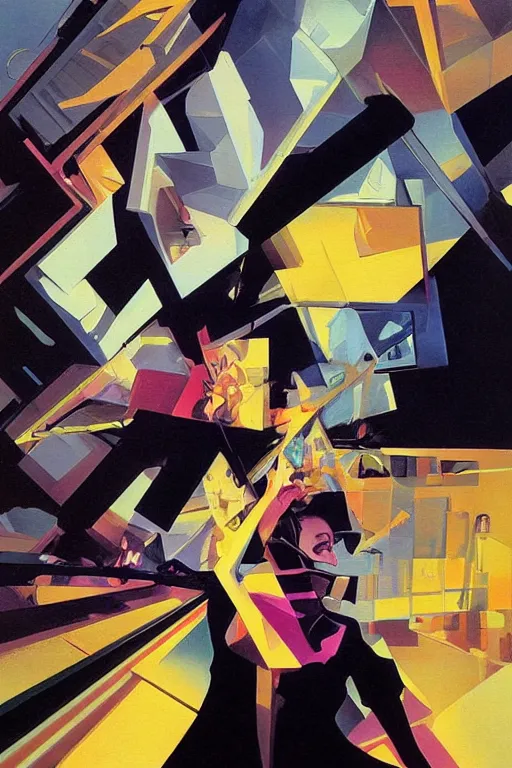 Prompt: wideangle action, portrait of a crazy cellist girl, shockwave, decoherence, synthwave, glitch!!, fracture, vortex, realistic, hyperdetailed, concept art, golden hour, art by syd mead, cubism