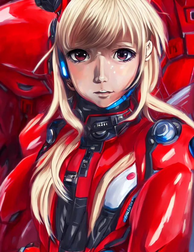 Prompt: an anime portrait of a blonde girl in a red mech suit, trending on artstation, digital art, 4 k resolution, detailed, high quality, sharp focus, hq artwork, coherent, insane detail