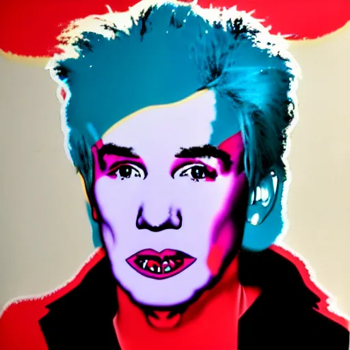 Image similar to colour portrait of angry andy warhol, 20 years old. andy's shoulders are visible in the frame. andy looks straight into the camera. in the style of andy warhol