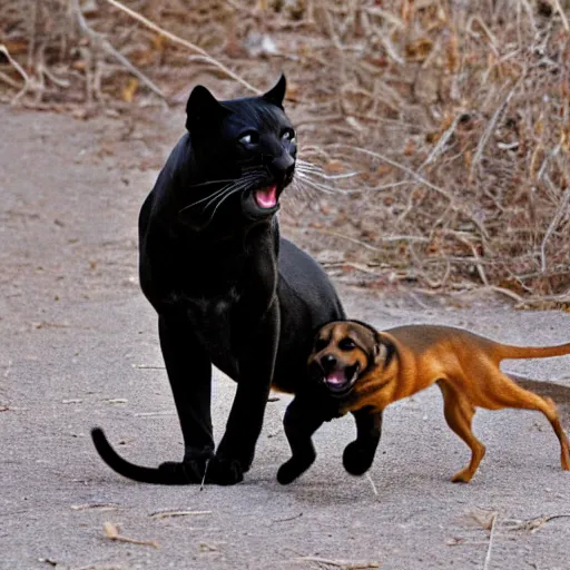 Image similar to panther shows teeth to a small long dog